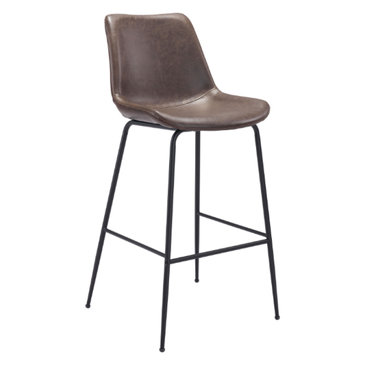 Brown Byron Zuo industrial bar stool with mid-century urban design, featuring a sleek wooden seat and metal legs.