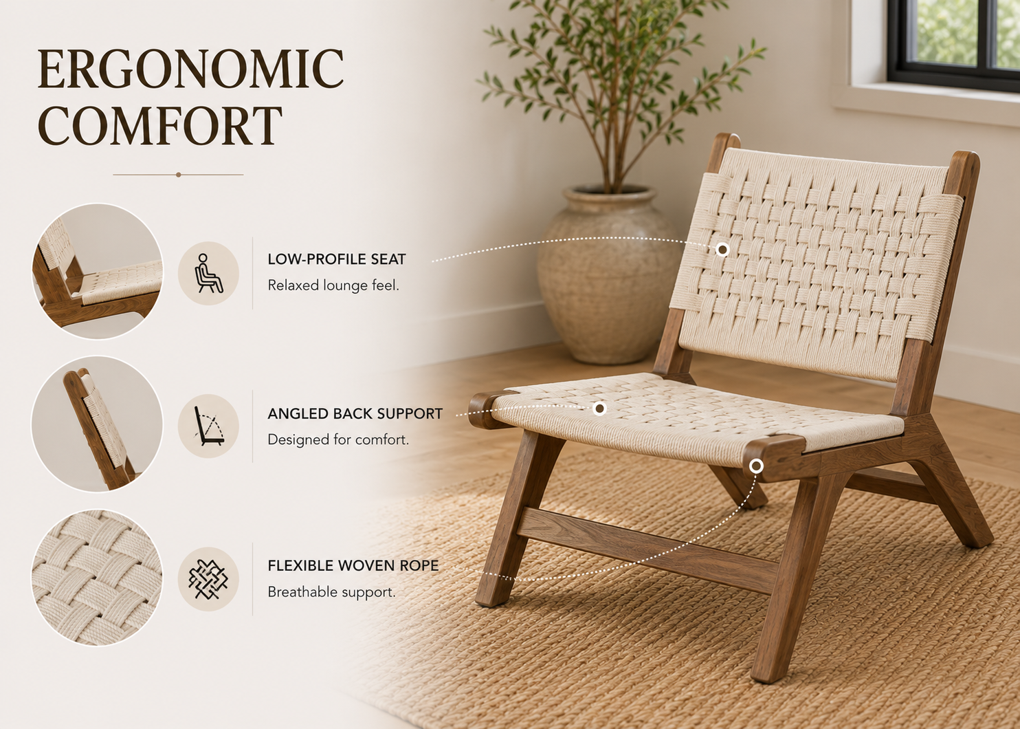 Chauvé Walnut Accent Chair | Caramel Walnut & Hand-Woven Natural Rope