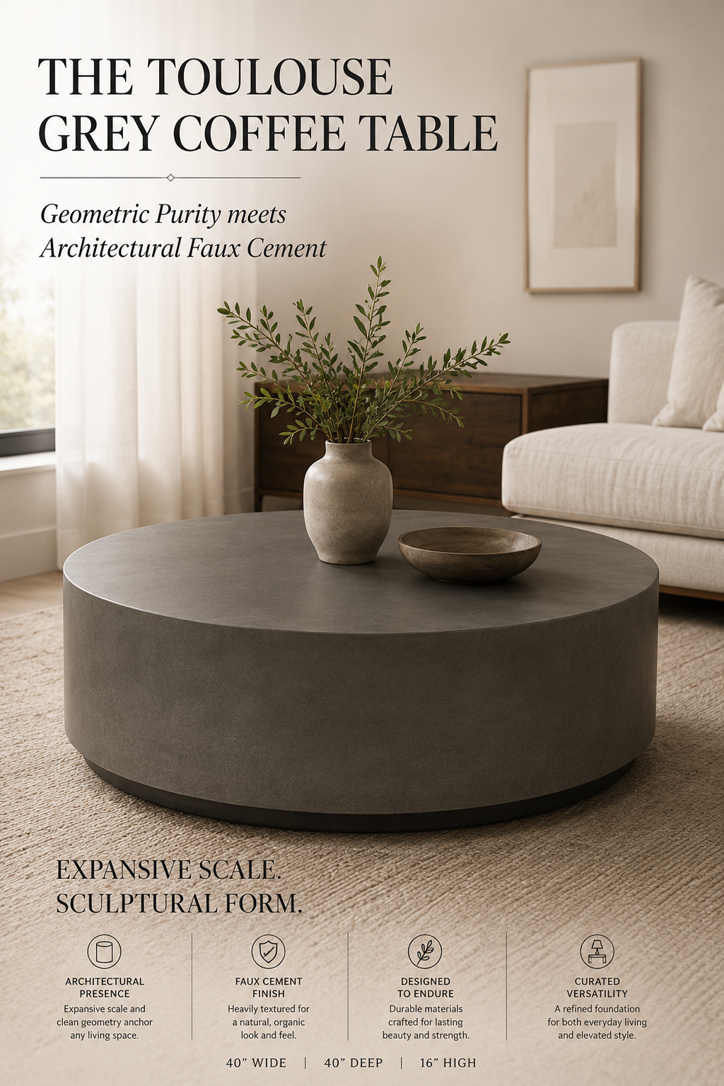 Toulouse Grey Circular Coffee Table | Natural Faux Cement