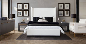 Seattle Queen Bed with Vintage Wing in White Linen - Elite Maison
