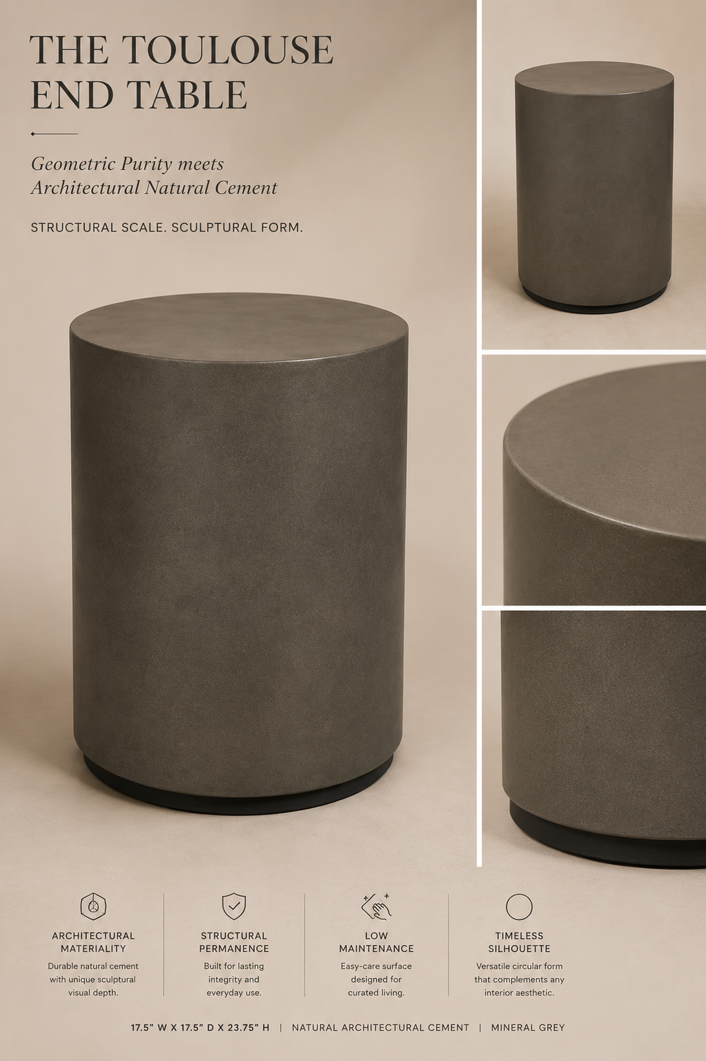 Toulouse Circular Cement End Table | Natural Grey Pedestal