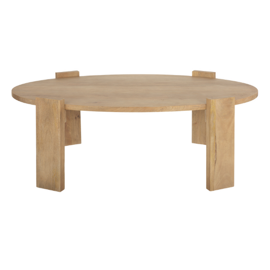 Mercana Evelyn coffee table with round organic wood design, modern centerpiece with smooth surface and natural wood finish.