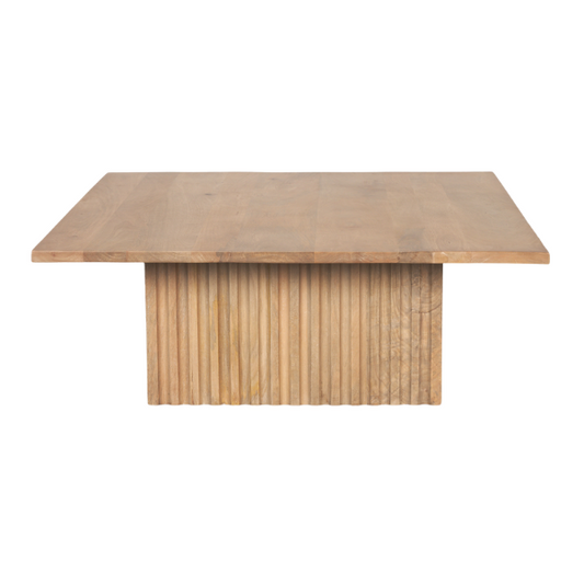 June Light Brown Wood fluted square coffee table by Mercana, featuring a modern architectural design and smooth fluted surface.