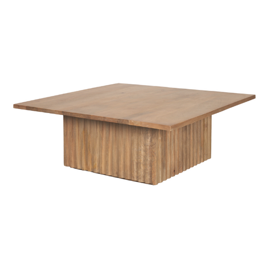June Light Brown Wood fluted square coffee table by Mercana featuring a stylish architectural design and elegant fluted details.