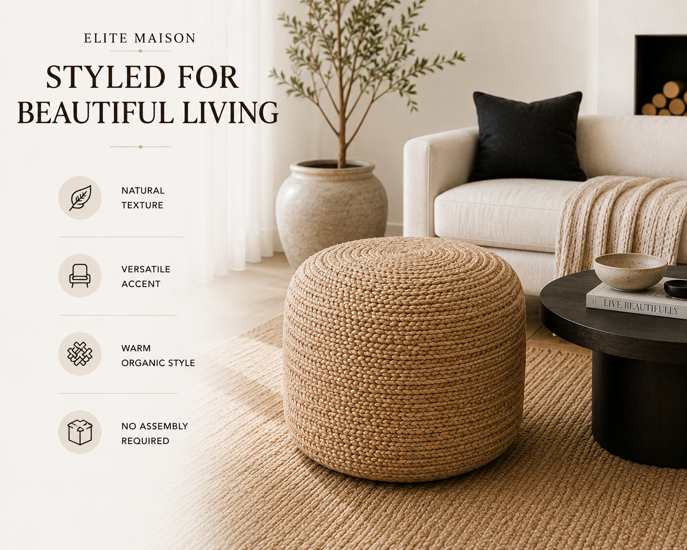 Nimes Jute Round Pouf | Hand-Woven Natural Fiber Ottoman & Floor Seating