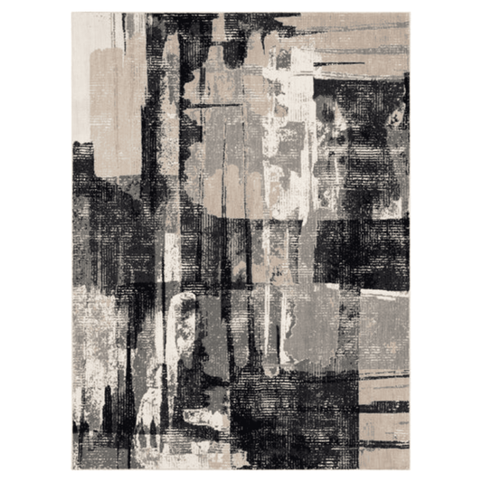 Karastan Agostino Brush Strokes Soot Rug featuring a textured design in shades of black and gray, perfect for any space.