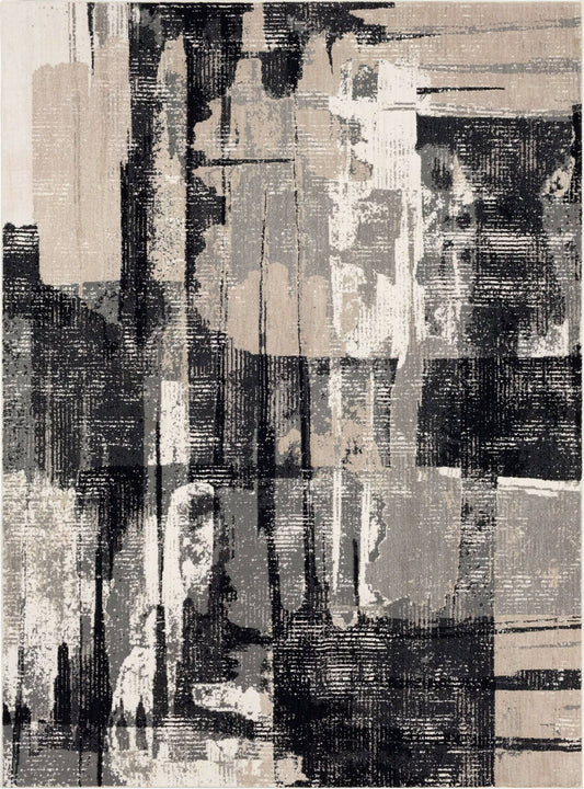 Karastan Agostino Brush Strokes Soot Area Rug featuring a textured black and gray design, perfect for any room.