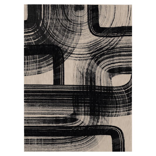 Karastan Alesandro Orion Obsidian Area Rug featuring intricate patterns in deep black and gray tones, 5'3" x 7'10".