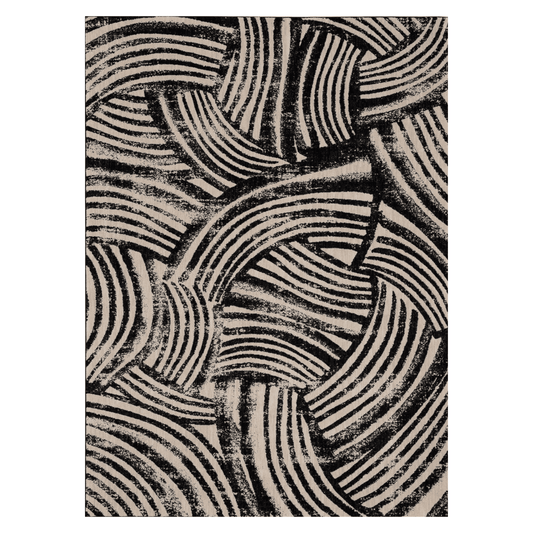 Karastan Alessio Arcoa Obsidian area rug with intricate patterns and rich dark tones, measuring 5'3" x 7'10".