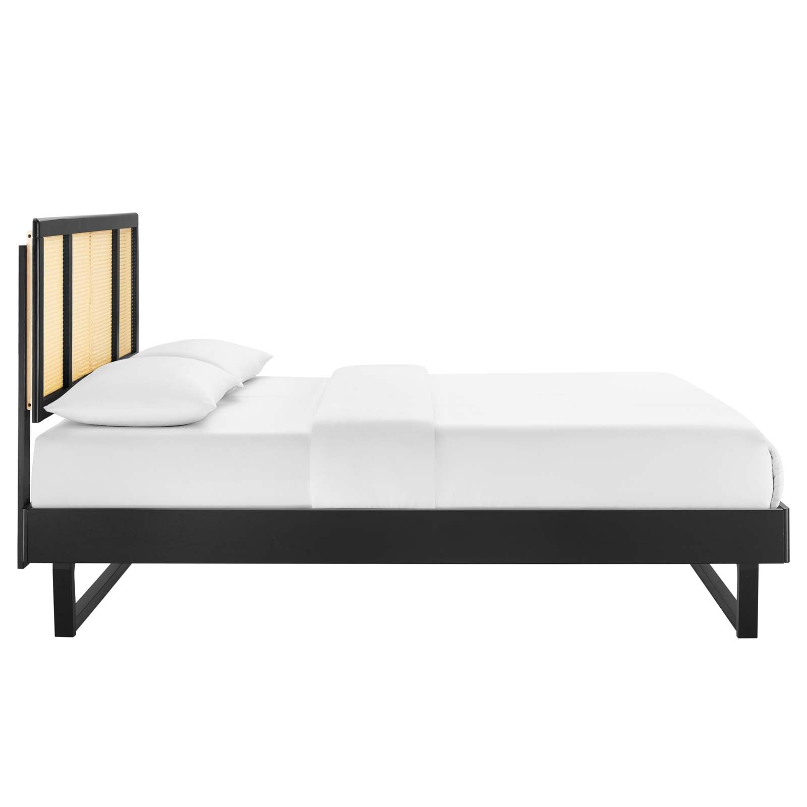 Cannes Cane and Wood Platform Bed With Angular Legs - Elite Maison