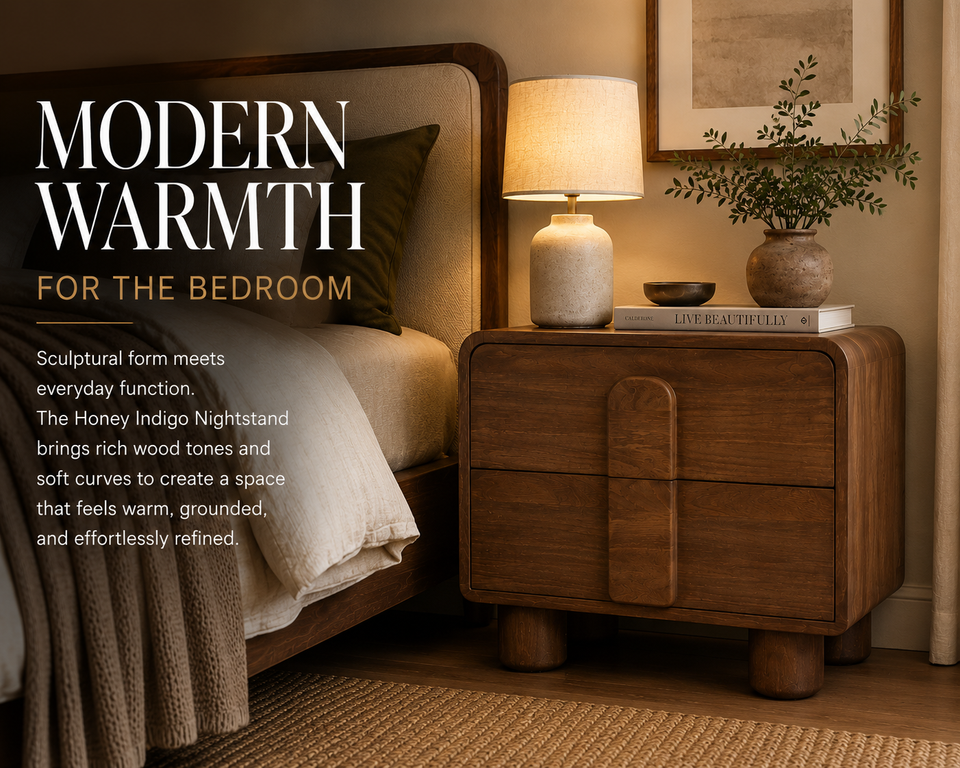 Caen Honey 2-Drawer Nightstand | Architectural Honey Wood Bedside Anchor