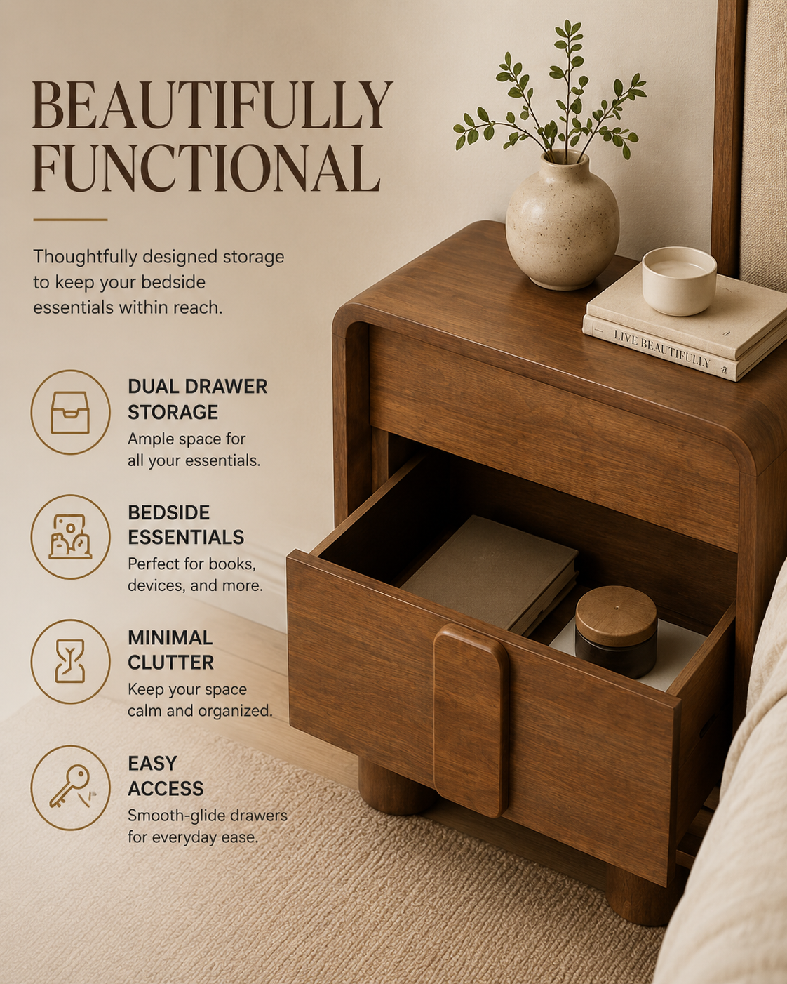 Caen Honey 2-Drawer Nightstand | Architectural Honey Wood Bedside Anchor