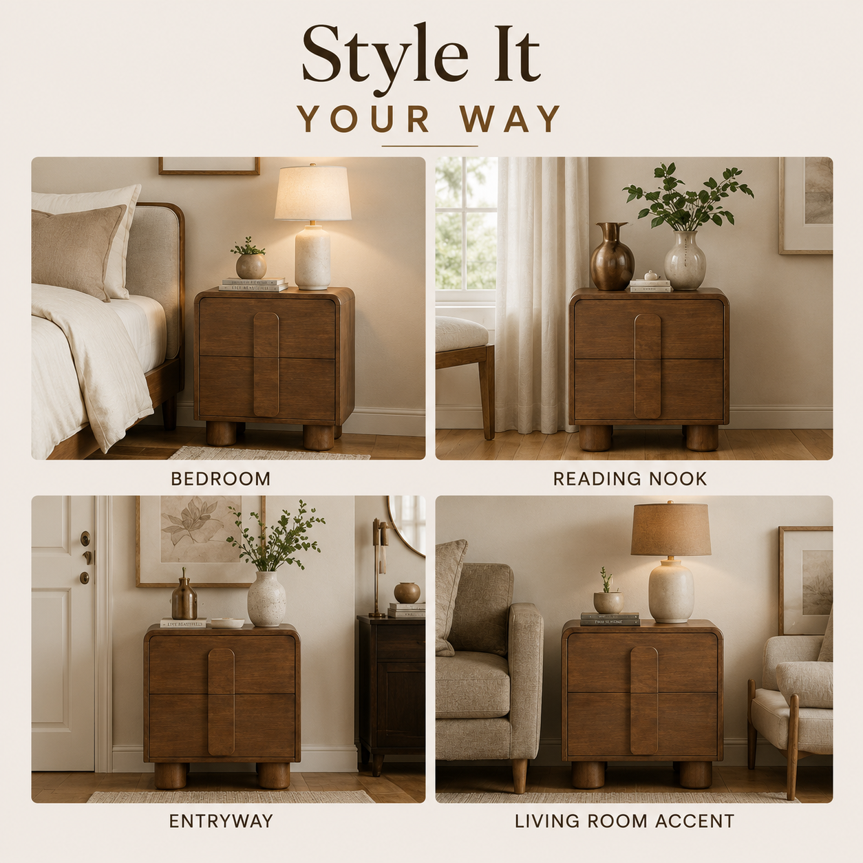 Caen Honey 2-Drawer Nightstand | Architectural Honey Wood Bedside Anchor