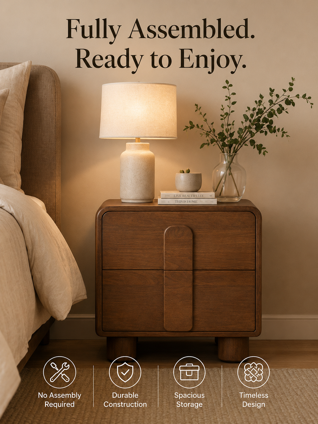 Caen Honey 2-Drawer Nightstand | Architectural Honey Wood Bedside Anchor