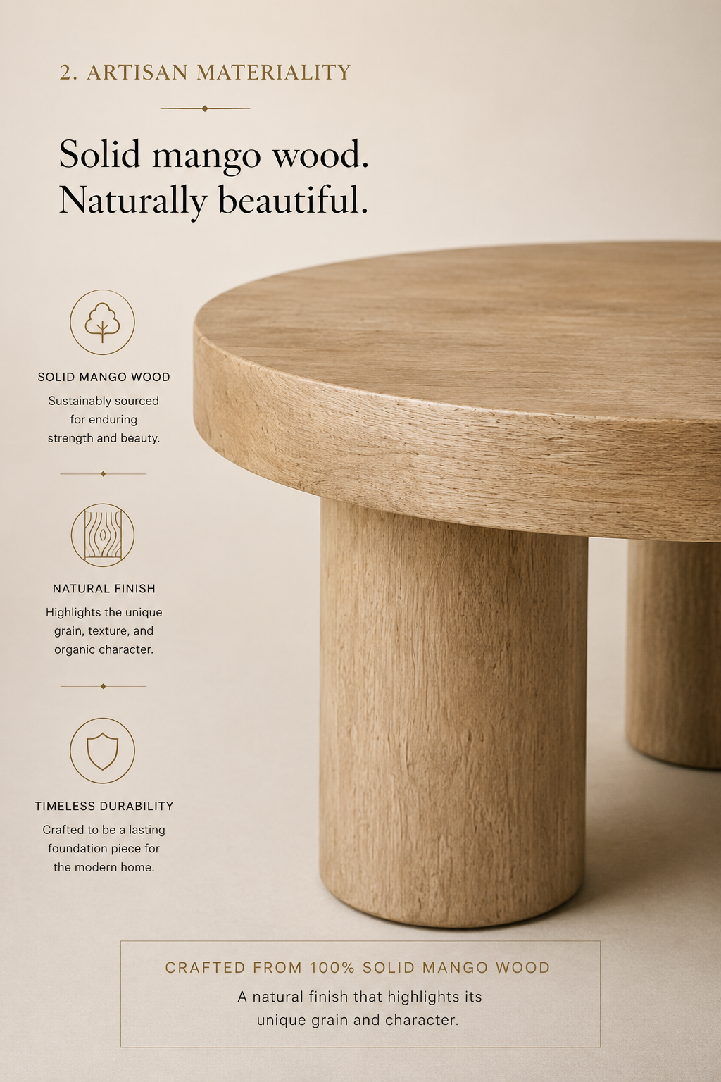 Niort Rune 42" Round Coffee Table | Natural Solid Mango Wood & Rolled Leg Base