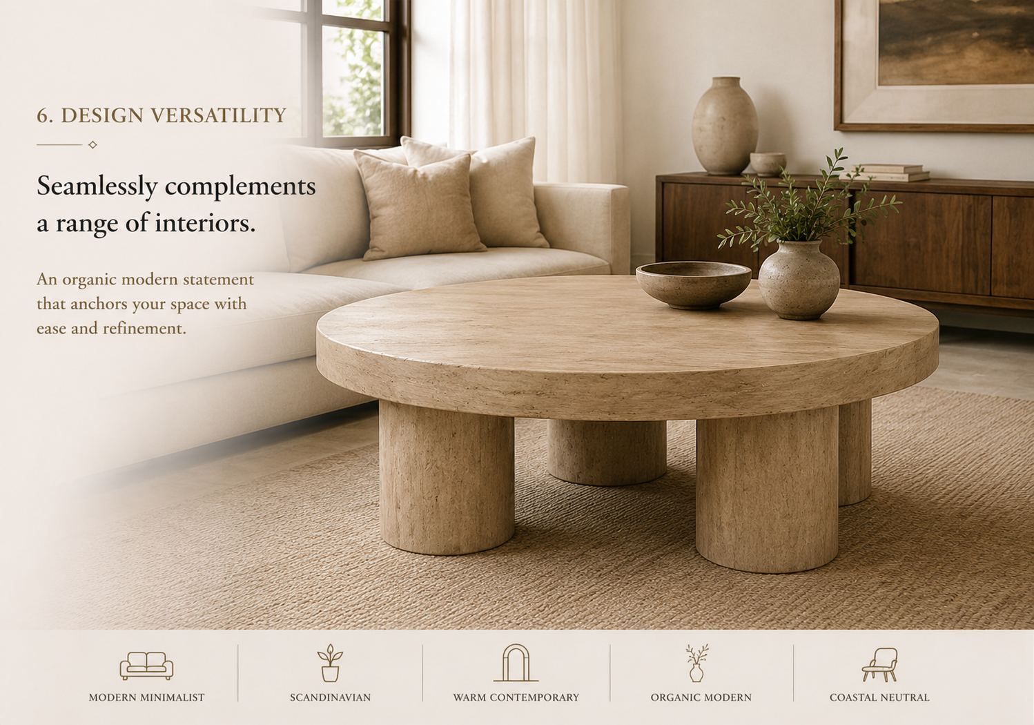 Niort Rune 42" Round Coffee Table | Natural Solid Mango Wood & Rolled Leg Base