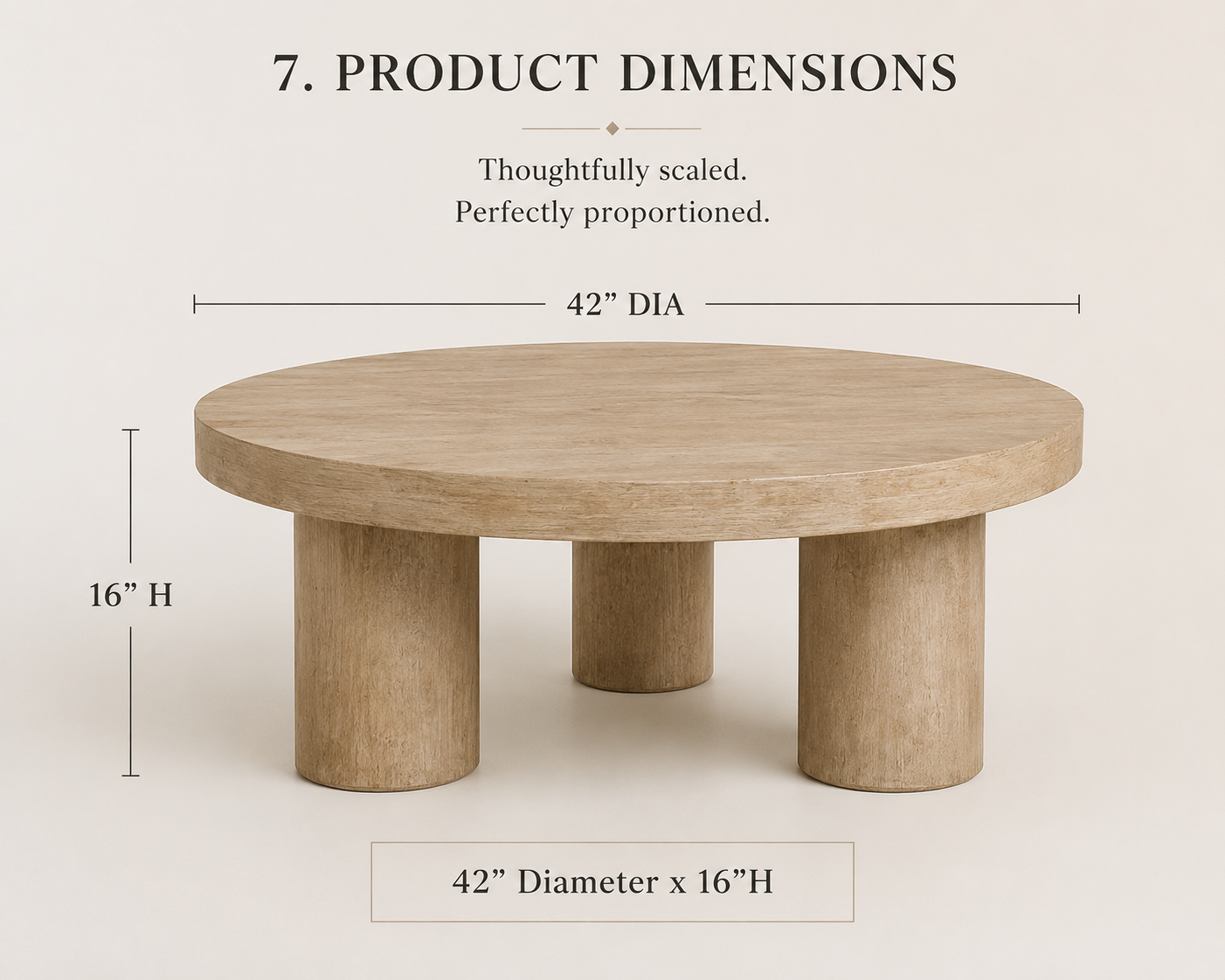 Niort Rune 42" Round Coffee Table | Natural Solid Mango Wood & Rolled Leg Base