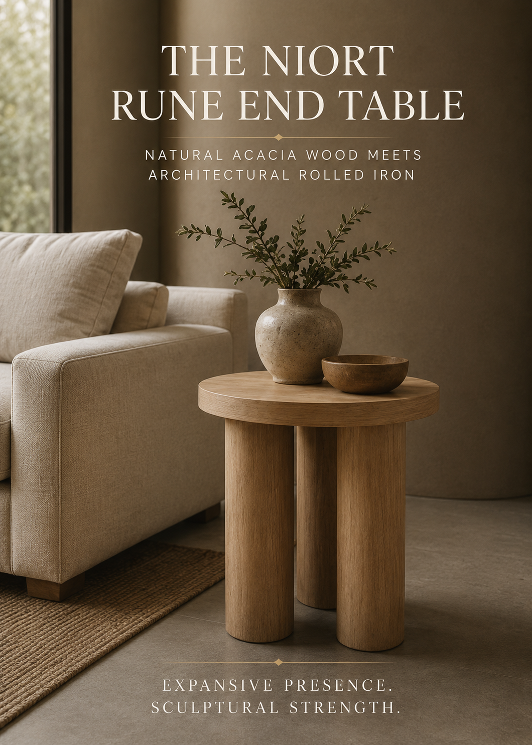 Niort Rune 16" Round Side Table | Natural Solid Mango Wood & Rolled Leg Base