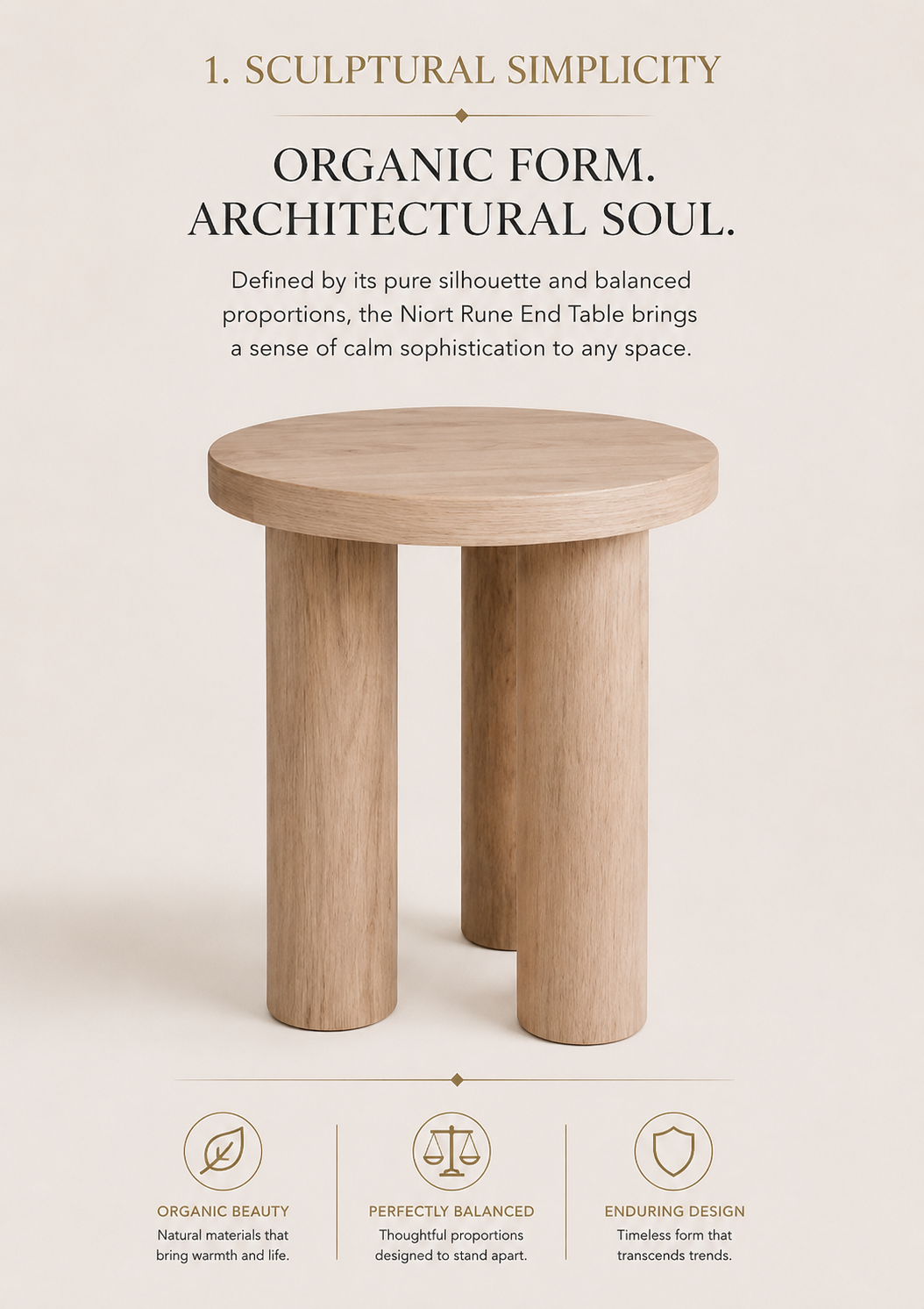 Niort Rune 16" Round Side Table | Natural Solid Mango Wood & Rolled Leg Base