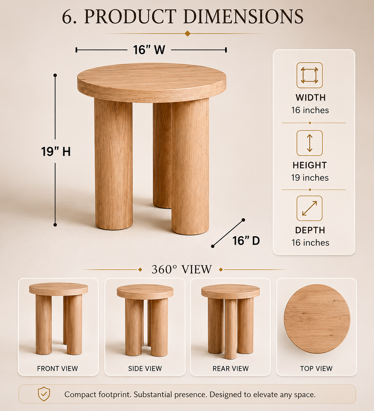 Niort Rune 16" Round Side Table | Natural Solid Mango Wood & Rolled Leg Base
