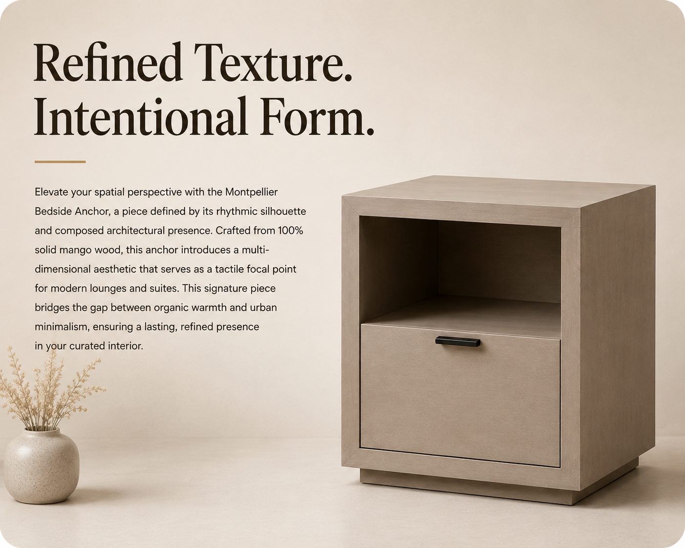 Montpellier Nightstand | Architectural Solid Mango Wood & Natural Artisan Finish