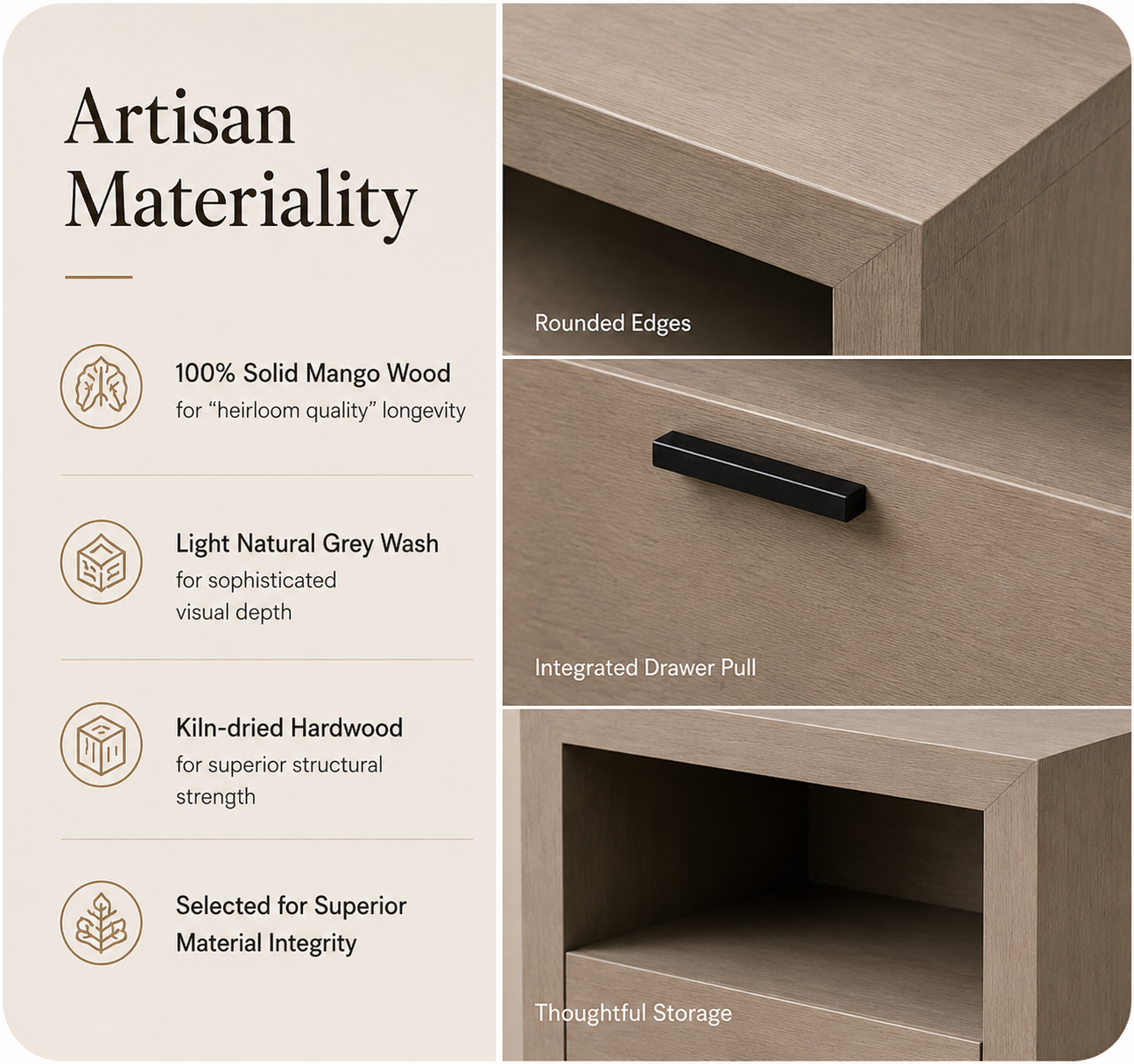 Montpellier Nightstand | Architectural Solid Mango Wood & Natural Artisan Finish
