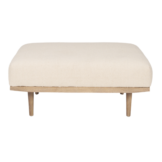 Modern Mercana Shae Ottoman with architectural fabric upholstery and wooden legs, serving as a stylish footstool or accent piece.